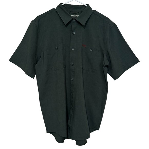 Orvis Mens Medium Short Sleeve Tech Shirt Hunter Green Leather Tab Pocket Vented - Picture 3 of 7